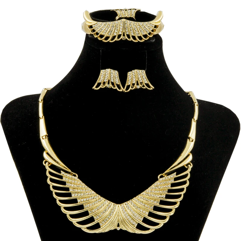 

CZ Latest Fashion Charming Women's Jewelry Crystal Wings Design Modeling Necklace Ring Bracelet Dubai Wedding Jewelry Set