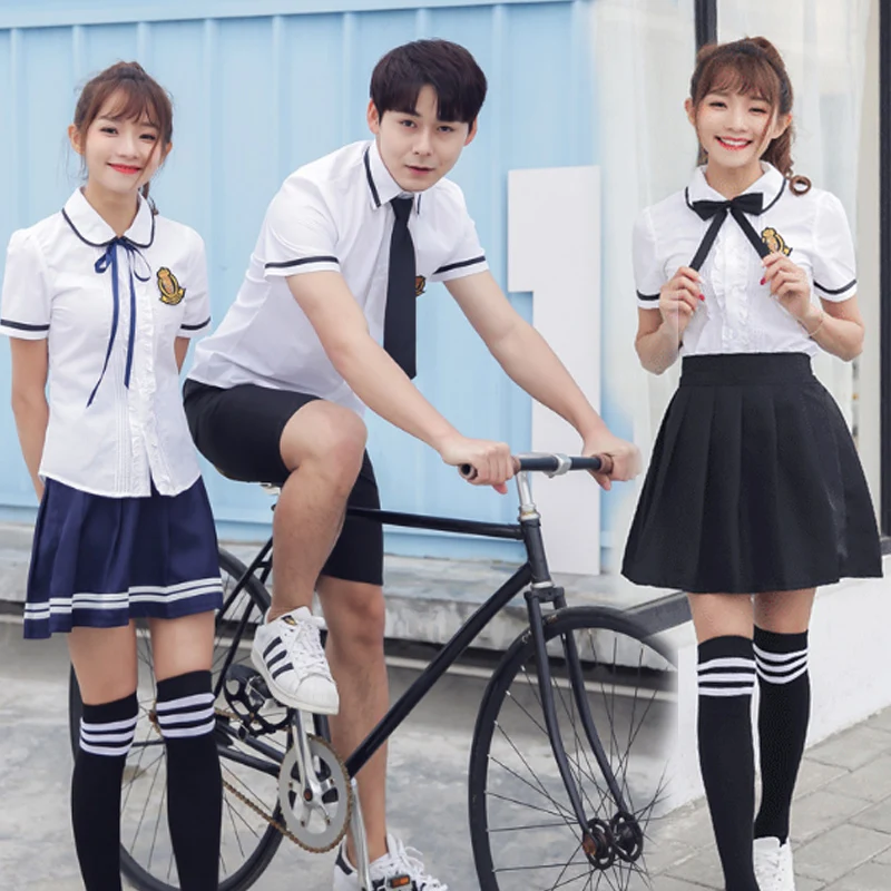 

Female School Uniform Set 2018 Summer Middle School Uniform Costume Fashion Short Sleeve Shirt + Skirt Two Piece Set