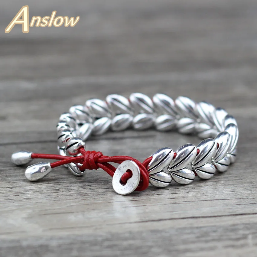 Женский браслет из натуральной кожи Anslow 2019 креативный дизайн с листом античное серебряное покрытие