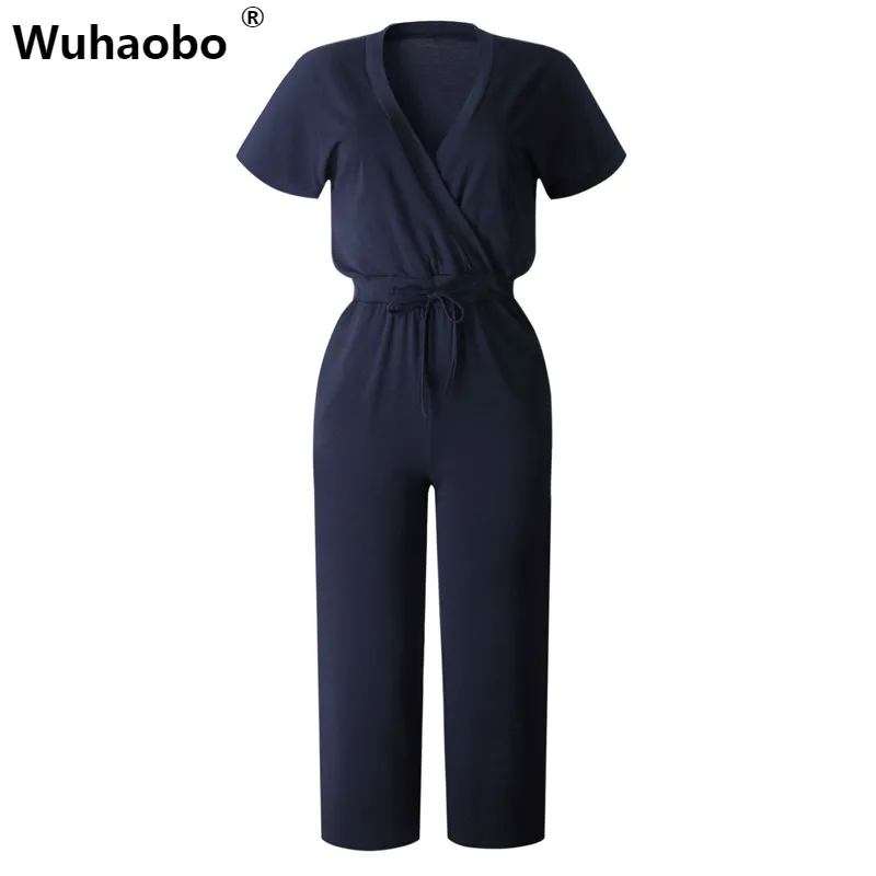 

Wuhaobo Vetement Femme 2019 Summer Elegant Jumpsuits Women Short Sleeve Bandage Party Rompers Ladies Overalls Wide Leg Pants