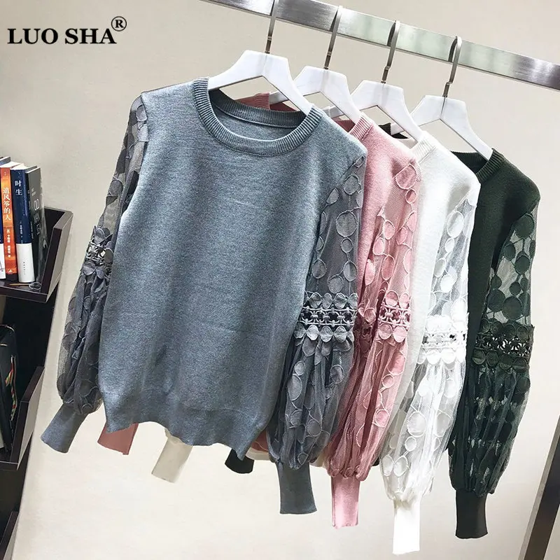 

LUOSHA Women Autumn Winter Hollow Out Mesh Sleeve Top Patchwork Pullover And Sweater Female Jumper Sexy Sweater Pull Femme Hiver
