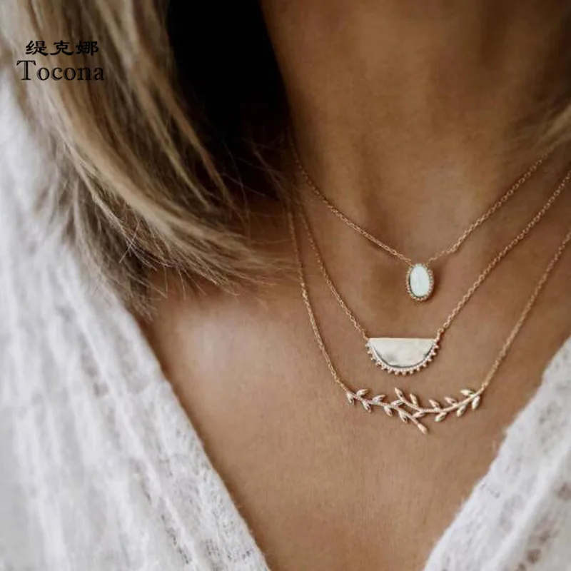 

Tocona New Arrival Fashion Women Ladies Leaf Ooal Stone Necklace Gold Color semicircle Chain Choker Jewerlry Dropshipping 8066