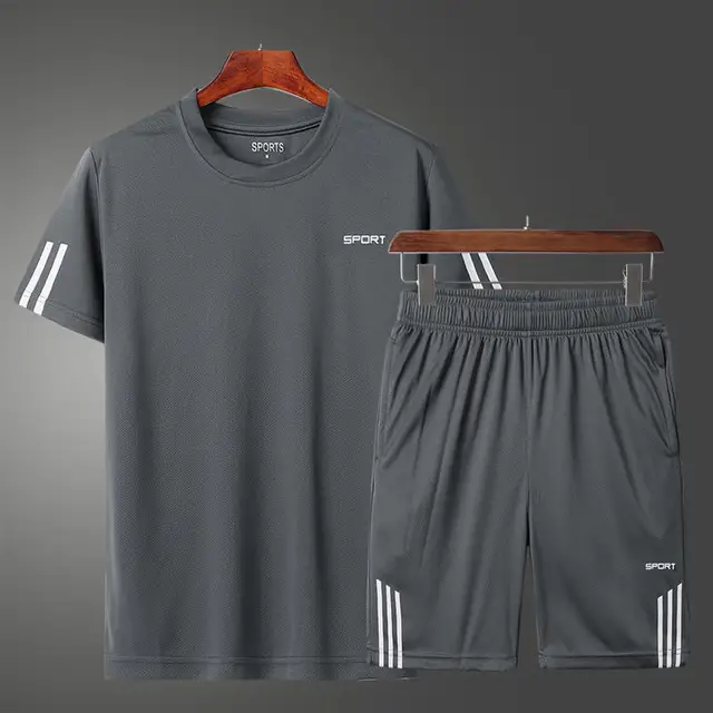 New Jogging Suits Gym Sport T Shirt Men Short Sleeve Running Shirt+Short Pants Quick Dry Bodybuilding T-Shirt Top Soccer Jersey Gray Set