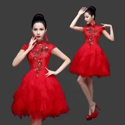 2016 китайское традиционное платье красный свадебное платье Кружево сексуальные Qipao короткое платье Чонсам Oriental Платья для женщин QI Pao
