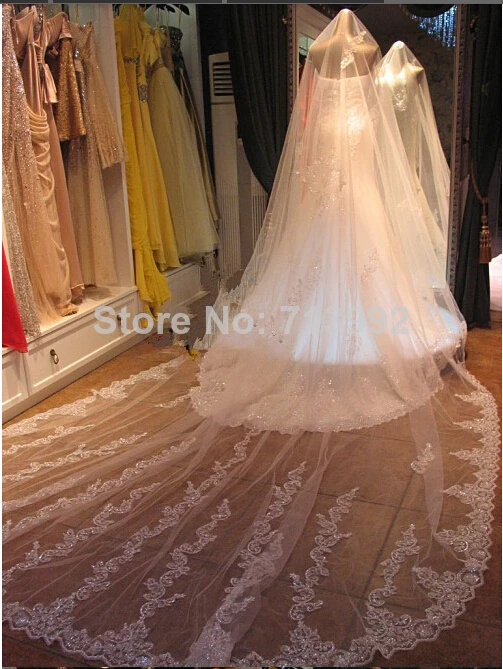 Brilliant Applique Sequins Wedding Accessories Cathedral Of Bridal Veils Ivory White Colors In Stock Length 3m Hot Selling | Свадьбы и