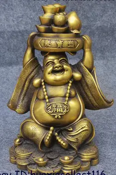 

Folk Chinese Tibet Brass Wealth Happy Laugh Maitreya Buddha Treasure Bowl Statue