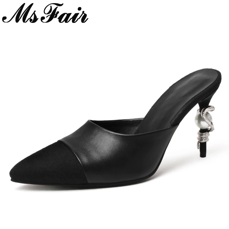 

MsFair Pointed Toe Strange Style Women Sandals Fashion Crystal Metal Decoration High Heel Sandal 2018 Summer Patchwork Sandals