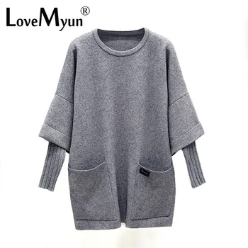 

2019 Causal Women Patched Knitted Sleeve Loose Style Coat Lady's Winter Fake Two Pieces Pullovers With Pockets