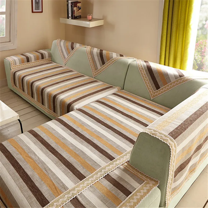 

Beige white Striped Sofa Cover Cotton and linen Couch Cover Machine Slip-resistant Room Decorate Anti Mite sofa backrest towels