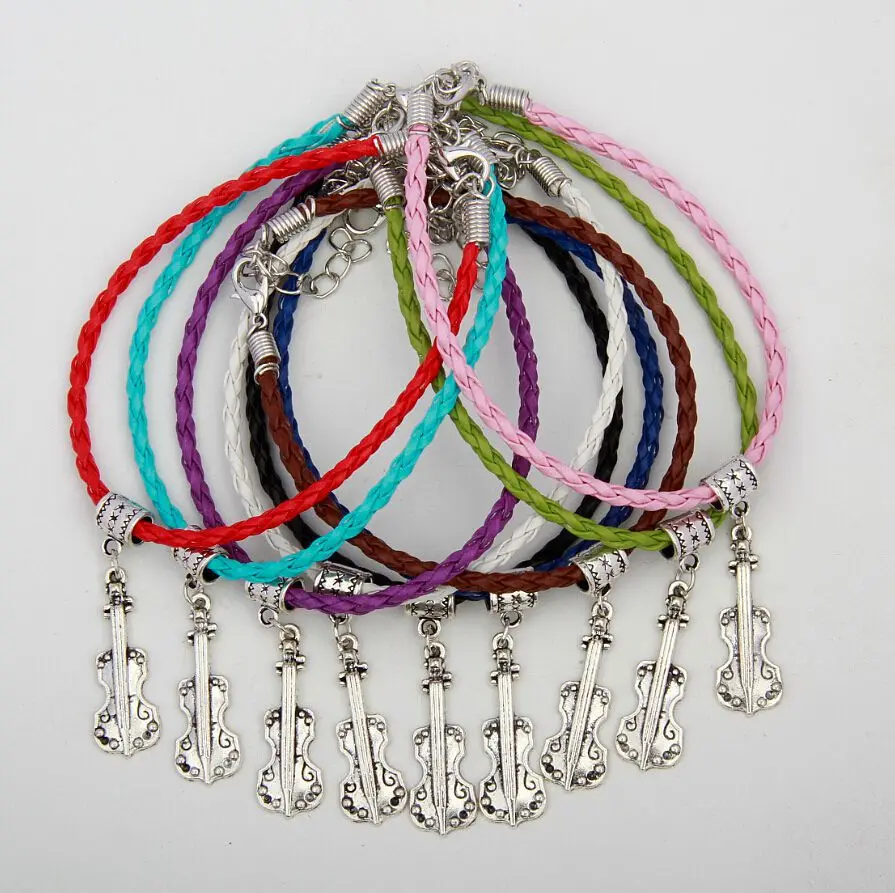 

50pcs Fashion Jewelry Vintage Silver Violin music Charm Multicolor Braided Rope Protection Bracelets Bracelet Women Free D383