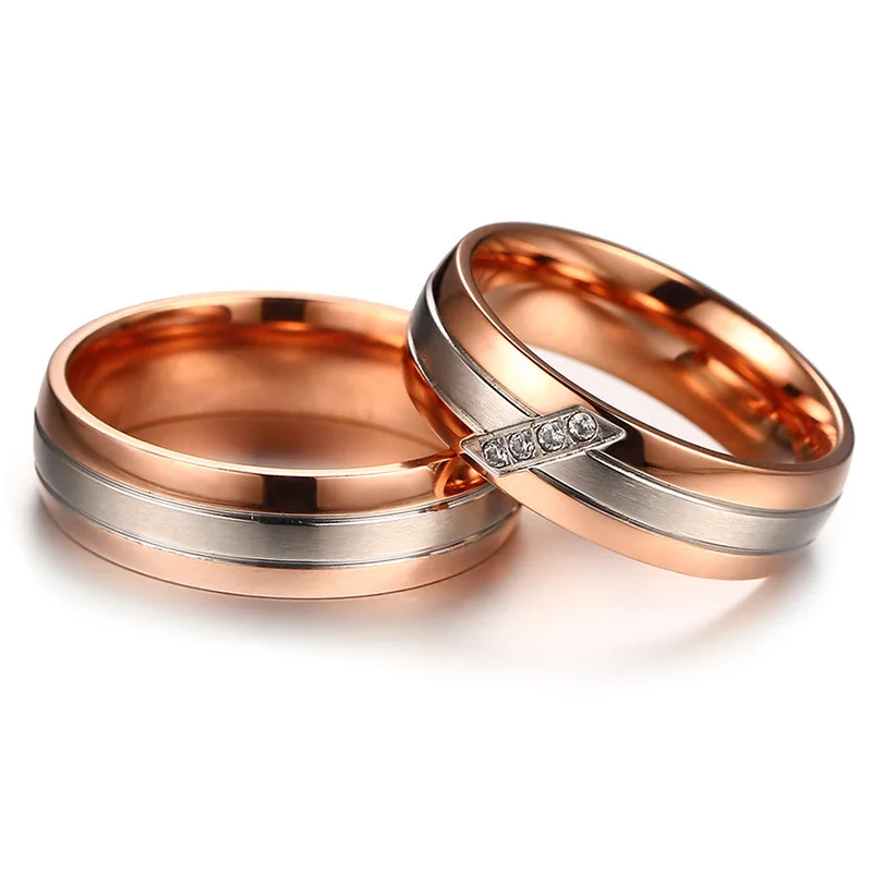 Rose Gold Color Wedding Rings for Men Women Stainless Steel Couple Ring with Zircons Stone Romantic Style Bridal Jewelry Bijoux
