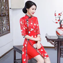 По колено Cheongsam винтаж китайский воротник стойка платье новые женские летние район Qipao Тонкий платья для вечеринок Vestido S-3XL