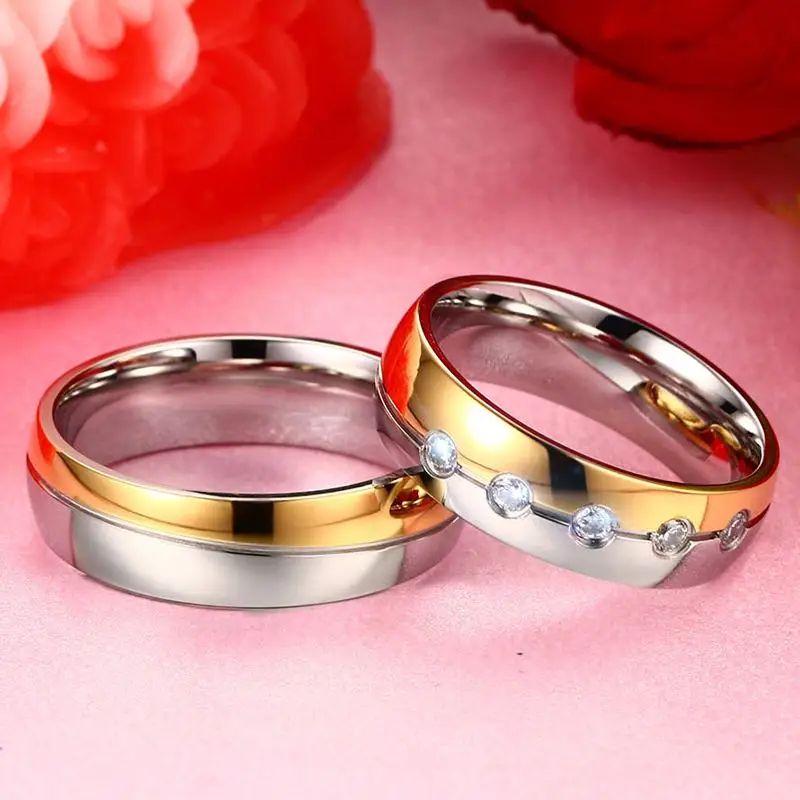 Meaeguet Romantic Cubic Zirconia Lover Wedding Ring Stainless Steel Couple Rings For Promise Finger Jewelry Wedding Bands