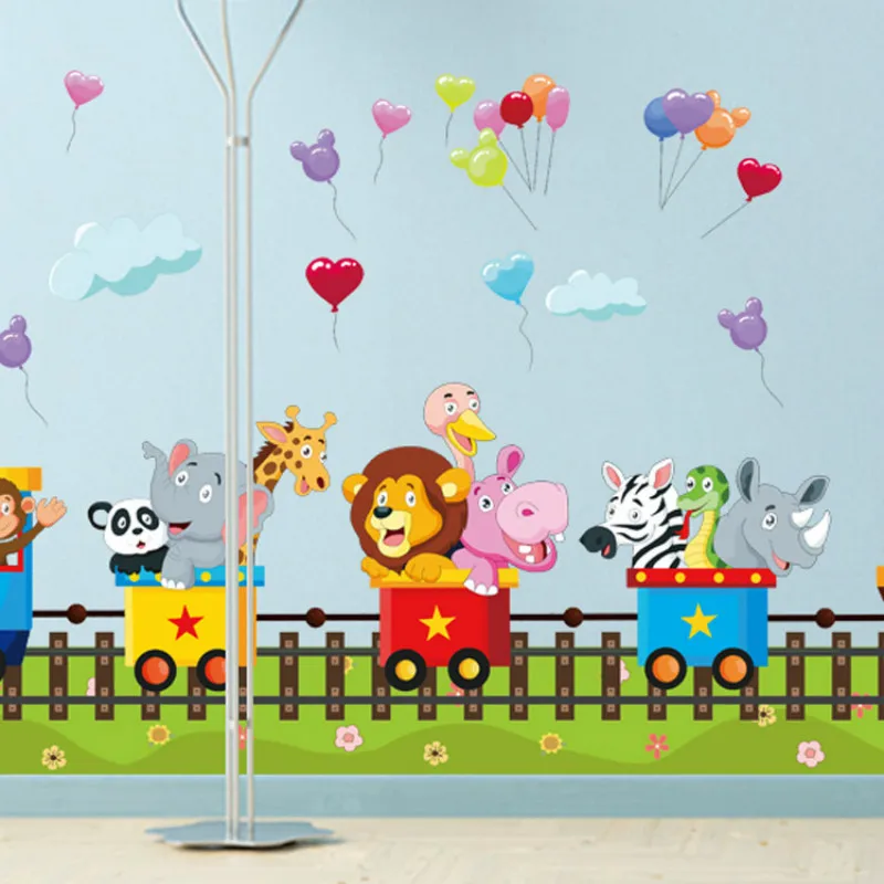 DIY Мультяшные Животные поезд настенные наклейки для детского сада детская комната Декоративные наклейки для дома Портфолио ПВХ наклейки на стену