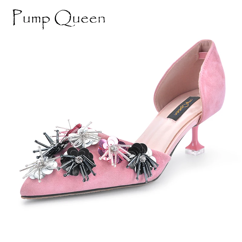 

3D Flower Pink Wedding Heels Black Heels 2018 Spring Shoes Woman Special Party Heels Women Pumps Ladies Shoes 5 CM Large Size 40