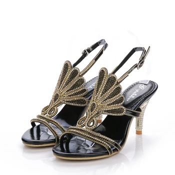 

2019 Fashion Black Scallop Pattern Stiletto Sandals Exquisite Colored Rhinestones Wild Wedding Dinner Shoes Size Complete 8CM