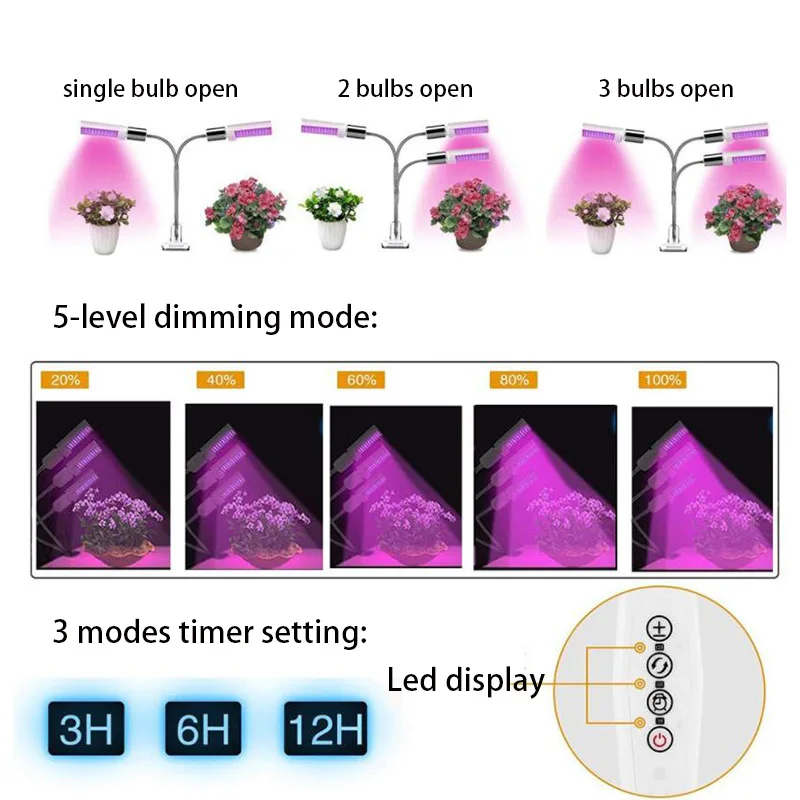Полный спектр 44 светодиодный свет для выращивания фитолампы лампы Три головки растущие лампы USB таймер держатель выключателя клип лампы