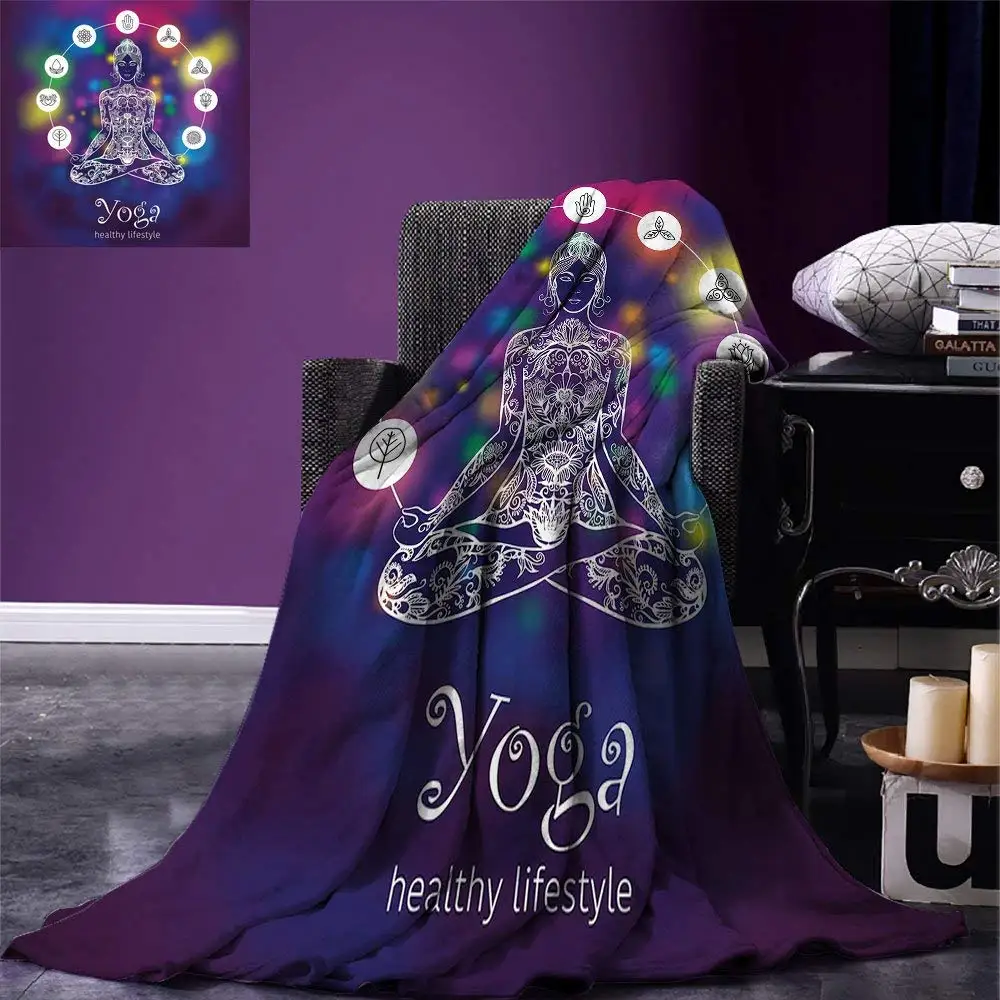 

Yoga Throw Meditating Crossed Legged Lotus Pose Woman with Seven Chakra Symbols Abstract Mystic Warm Microfiber Blanket