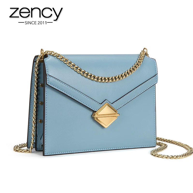 

Zency New Arrivals Women Messenger Bag 100% Genuine Leather Envelope Handbag Chain Strap Fashion Shoulder Crossbody White Blue