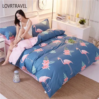 

100% Cotton Flamingo Bedding Set Quilt Cover Tiwn Queen Full King Size Home Bed Set Kids Flower Pink Green Bedclothes 4pcs