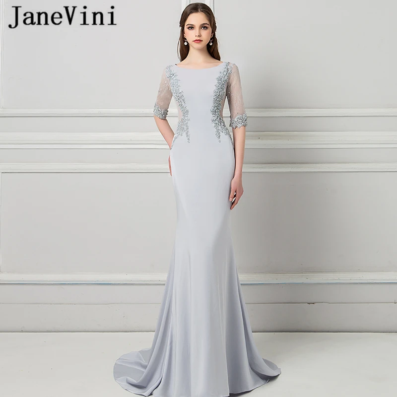 

JaneVini Elegant Light Gray Mermaid Evening Dresses Scoop Neck Appliques Beaded Meerjungfrau Kleid Satin Dress Robes De Soiree