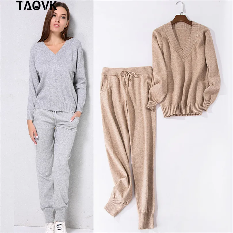 

TAOVK Soft winter knitted Suit Women's Sets Streetwear V-neck Sweaters Elastic Band Pants two piece set 2 Piece Set house suit