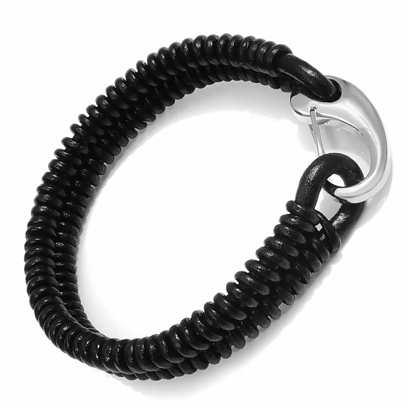 Mens Black Genuine Leather Stainless Steel Lock Bracelet Fashion