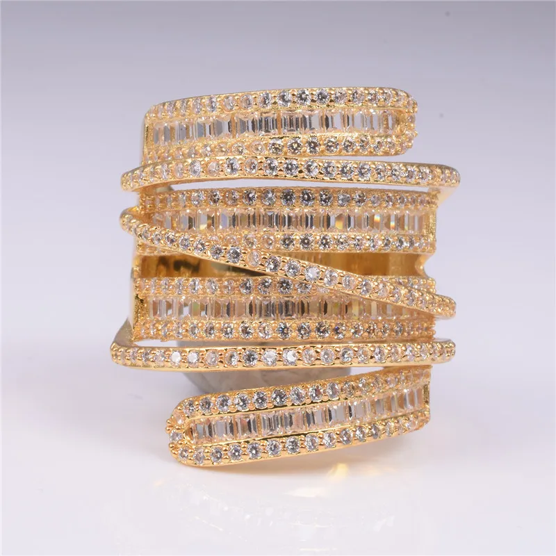 Роскошный набор, полностью квадратное Т-образное кольцо с самоцветом и бриллиантами, ювелирное изделие для женщин, серебро, 14 к, позолота, коктейльное кольцо, кольца, размер 5-10 - Цвет камня: Золотой