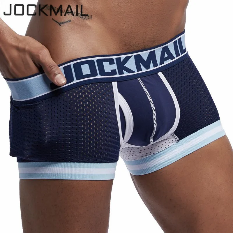 JOCKMAIL, фирменное мужское Сетчатое нижнее белье, боксеры, calzoncillos hombre, гей, одежда для сна, Cueca, боксеры, дышащие, промежность, хлопковые трусы, шорты