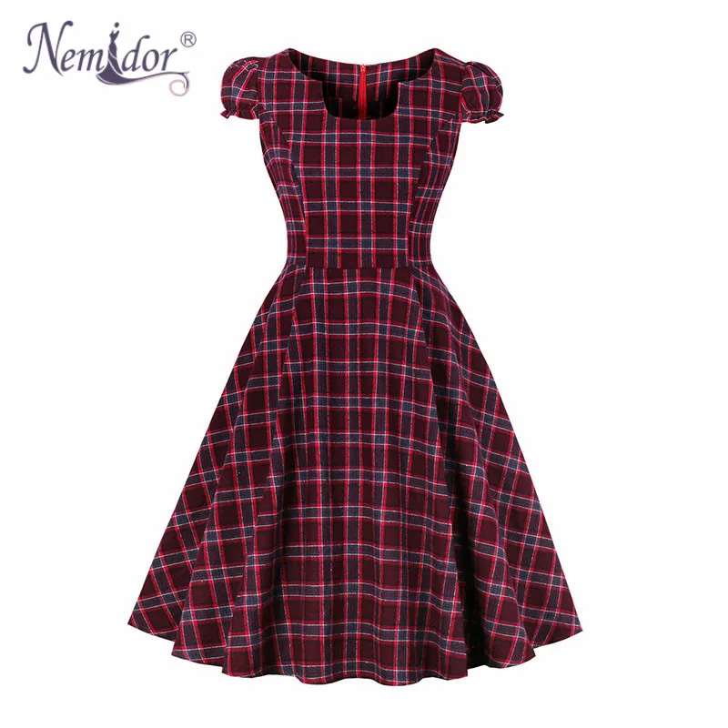 

Nemidor 2019 Women Elegant Square Collar Plaid Short Sleeve Swing Dress Vintage Plus Size 5XL Party Midi A-line Rockabilly Dress