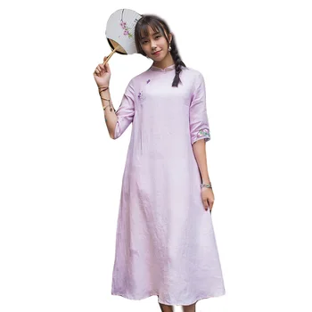 

Retro Chinese Style Women Dress A-line loose Linen Vestidos Vintage Cheongsam Women Traditional Clothing Casual Vestidos