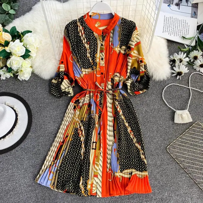 

Women 2019 New Spring Stand Collar Long Sleeve Gemetric Print Pleated Shirt Dress Women Casual Loose Vestidos With Sashes