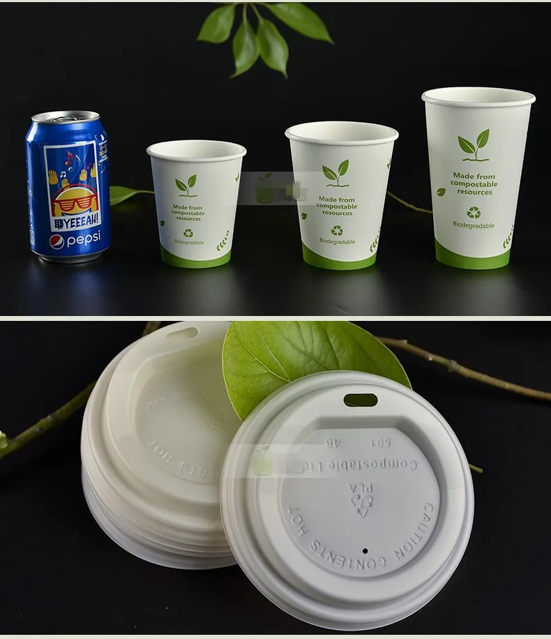 Compostable стаканчики из пла одноразовые бумажные стаканчики Biodegrade Вода Кофе Молоко чай крышка чашки 50x8 oz 12oz 16oz 260-500 ml белый