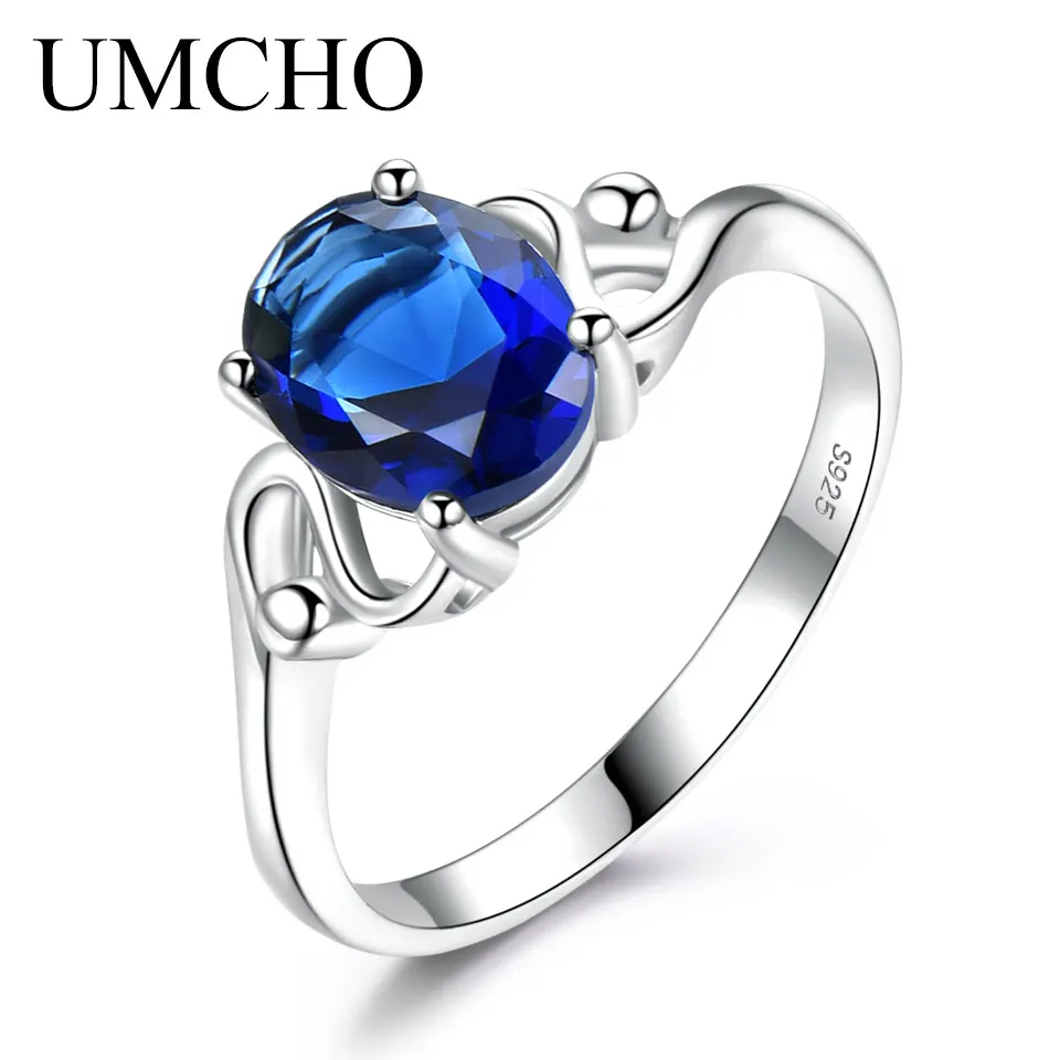 UMCHO, синий сапфир, драгоценный камень, кольца для женщин, натуральная 925 пробы, серебряный камень, кольцо для свадьбы, Подарок на годовщину - Цвет камня: Sapphire