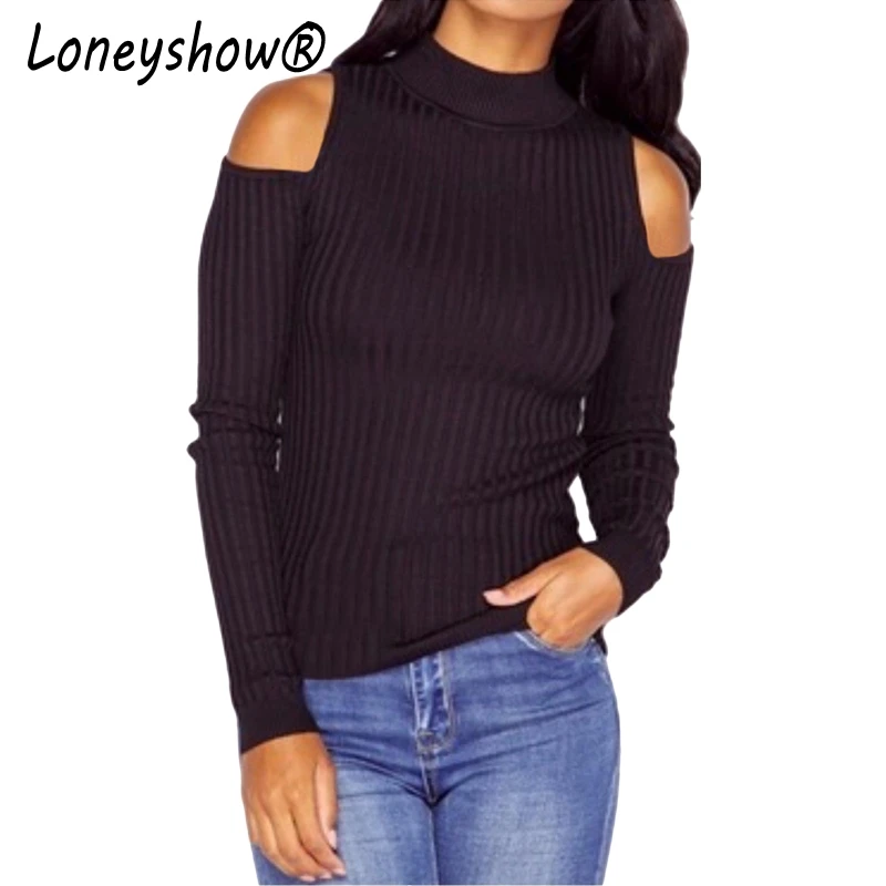 

New 2017 Autumn Winter Women Knitted Sweater Turtle Neck Maglie Donna Cold Shoulder Solid Rib Knitted Warm Pullover Tops Tricot