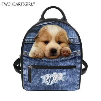 

TWOHEARTSGIRL Blue Jeans Dog Backpack for Women Pu Leather Travel Bagpack School Teens Girls Small Shoulder Bag Rucksack