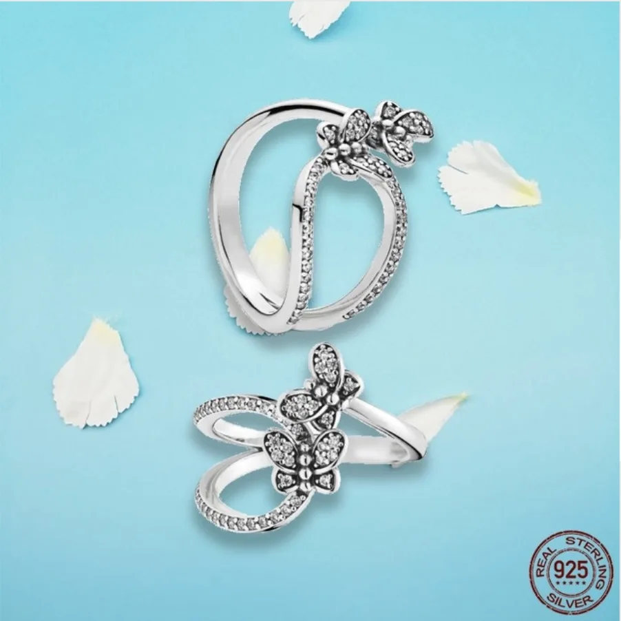 

925 Sterling Silver Bedazzling Butterflies Ring Clear CZ Silhouette Rings for Women Engagement Wedding Jewelry