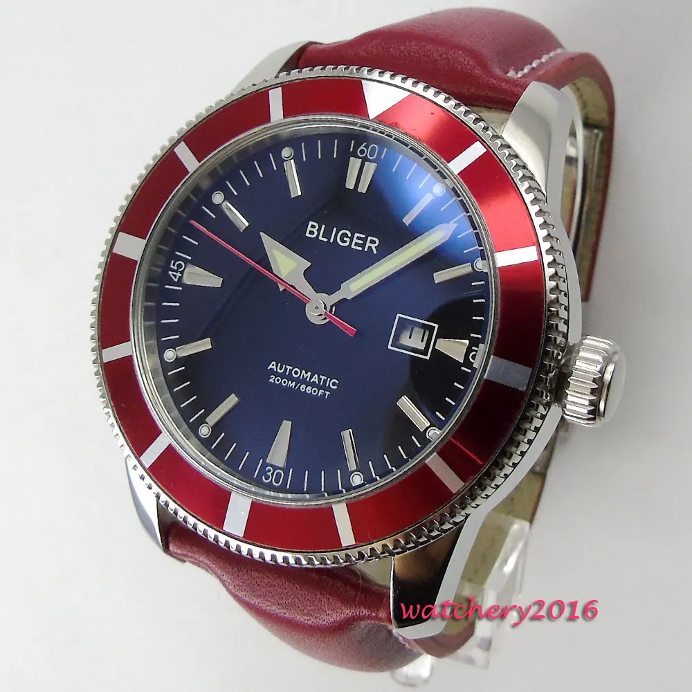46mm Bliger Black dial Date SS Case Red Leather 2019 Top brand Luxury Hot styles Luminous Hand Automatic Mechanical Men's Watch |