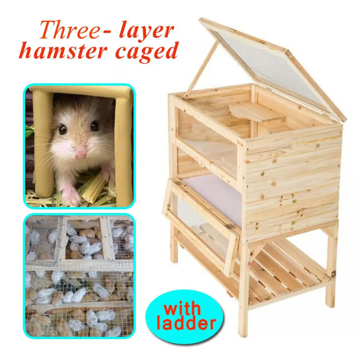 

Wooden 3 Tiers Hamster Cage Wood House Pet Mouse Small Animals Rats Exercise Home