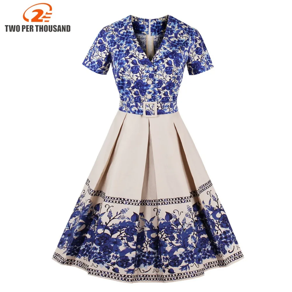 

4XL Plus Size 3XL Women Vintage Ball Gown Belts Retro Blue china Print Dress V Neck Short Sleeves Swing Rockabilly Party Vestido