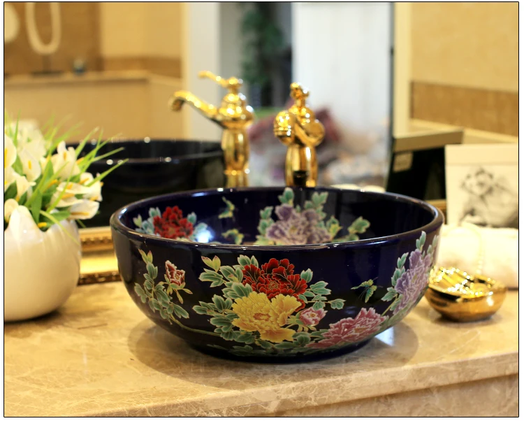 Europe Vintage Style Lavobo Ceramic Washing Basin Counter top Bathroom Sink hand painted vessel sinks Peony painting black (2)