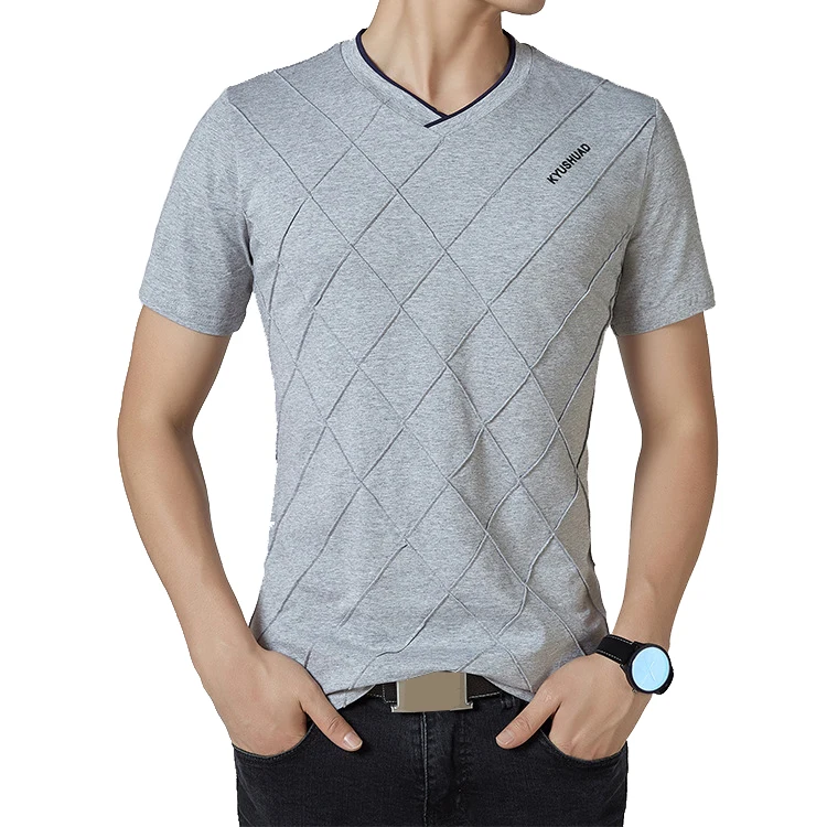 BROWON брендовые Летние повседневные мужские футболки с коротким рукавом и v-образным вырезом, эластичная мужская одежда с ромбическим узором