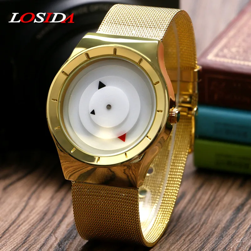 

Losida Brand Fashion Triangle Dial Men Ladies Turntable Analog Women Mesh Stainless Steel Band Strap Simple Shock Wrist Watch