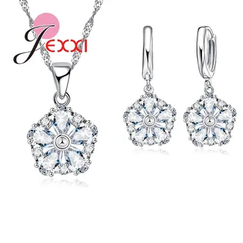 

925 Sterling Silver Cubic Cubic Zirconia Flower Pendant Necklace Drop Earrings Sets for Women Bijoux Bridal Accessories