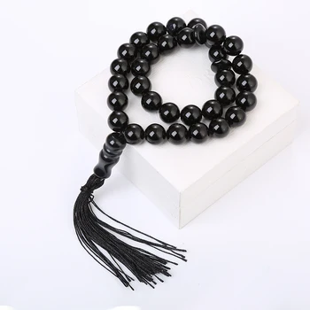 

Natural Stone Black Agates Tassel Pendant 33 Prayer Beads Islamic Muslim Tasbih Allah Rosary for Men Women Meditation Jewelry