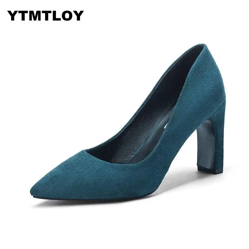 Plus Size 35-43 Size Women 10cm Block High Heels Bridal Scarpin Pumps Ladies Pointed Toe Black khaki Plaza Heels Female Shoes