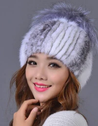 ; Новое поступление; Модные женские шапки; зимние вязаные натуральный мех норки ручной работы с лисьим мехом; Роскошные дамские шапочки - Цвет: cross mink fur