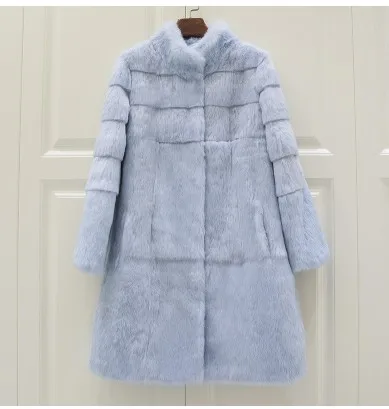 Real genuine natural full pelt whole skin rabbit fur coat women fashion stand collar jacket custom any size - Цвет: Небесно-голубой