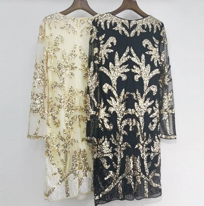 Beading Sequined Lace Dresses Women Fashion O-Neck Long Sleeve Luxury Knee-length Dress 4