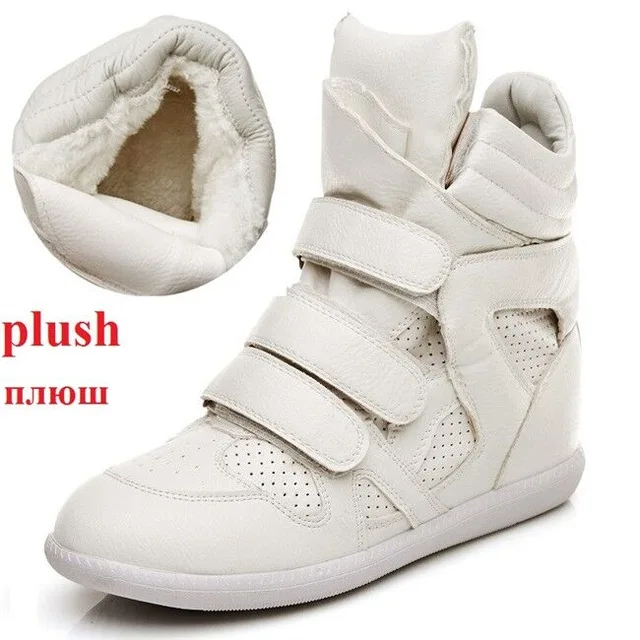 Ботильоны для женщин; зимняя обувь; белые высокие кроссовки на застежке-липучке; повседневная обувь на танкетке; botas mujer; - Цвет: white plush